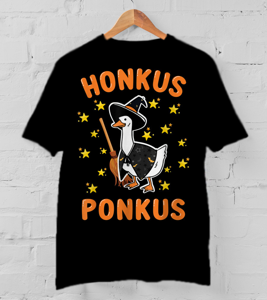 Honkus Ponkus Witch Goose Halloween Magic Stars Broom T-Shirt