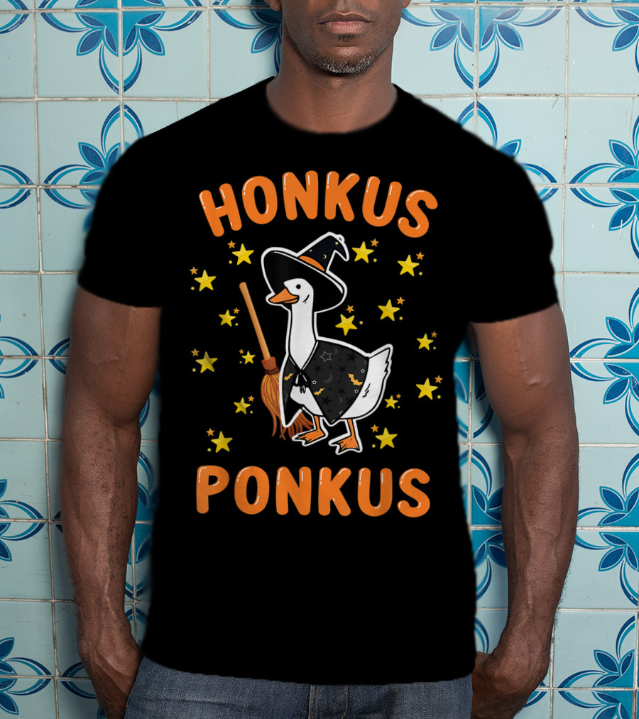Honkus Ponkus Witch Goose Halloween Magic Stars Broom T-Shirt