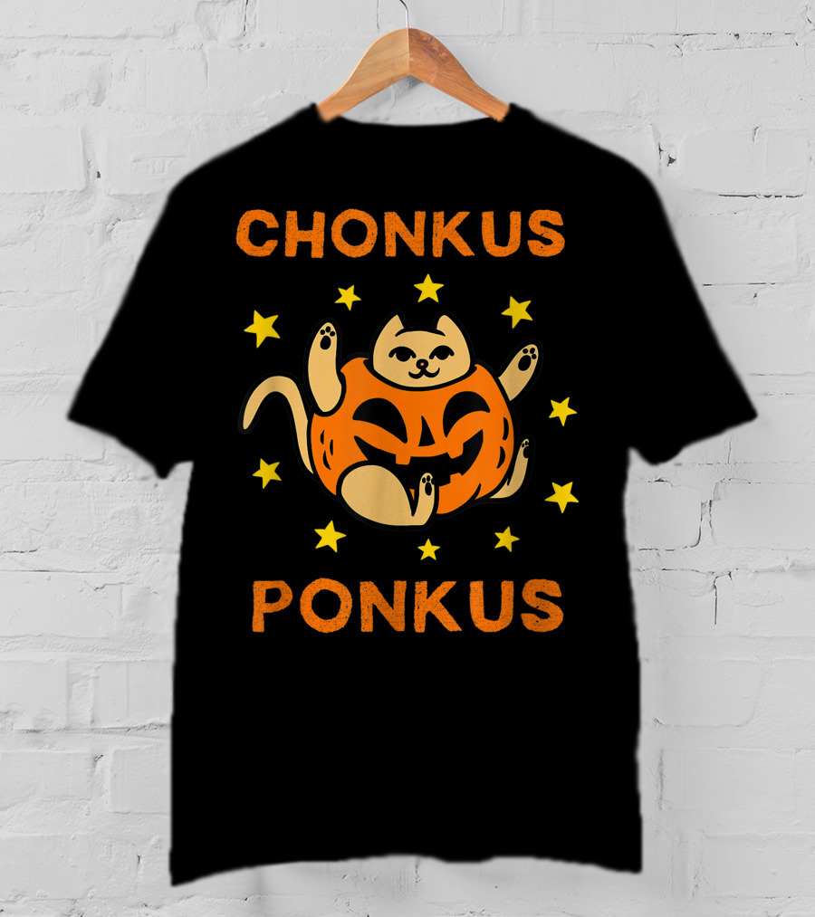 Chonkus Ponkus Funny Halloween Pumpkin Chubby Cat With Stars T-Shirt