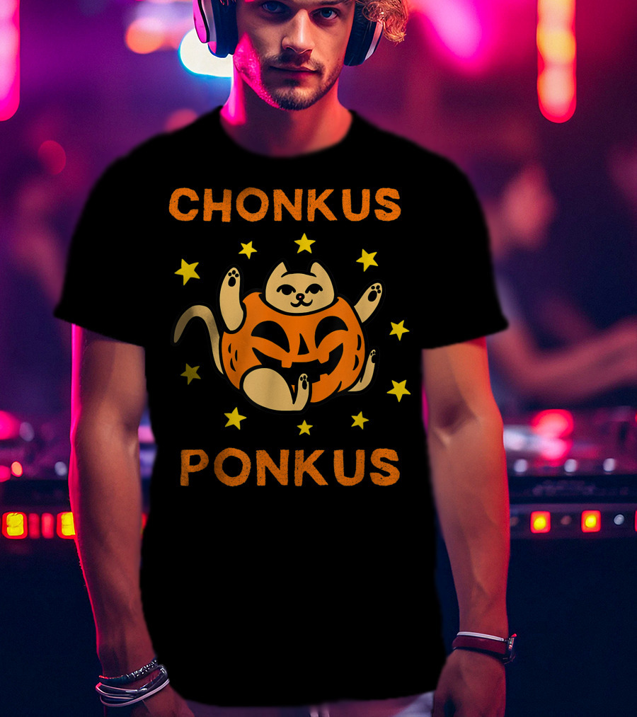 Chonkus Ponkus Funny Halloween Pumpkin Chubby Cat With Stars T-Shirt