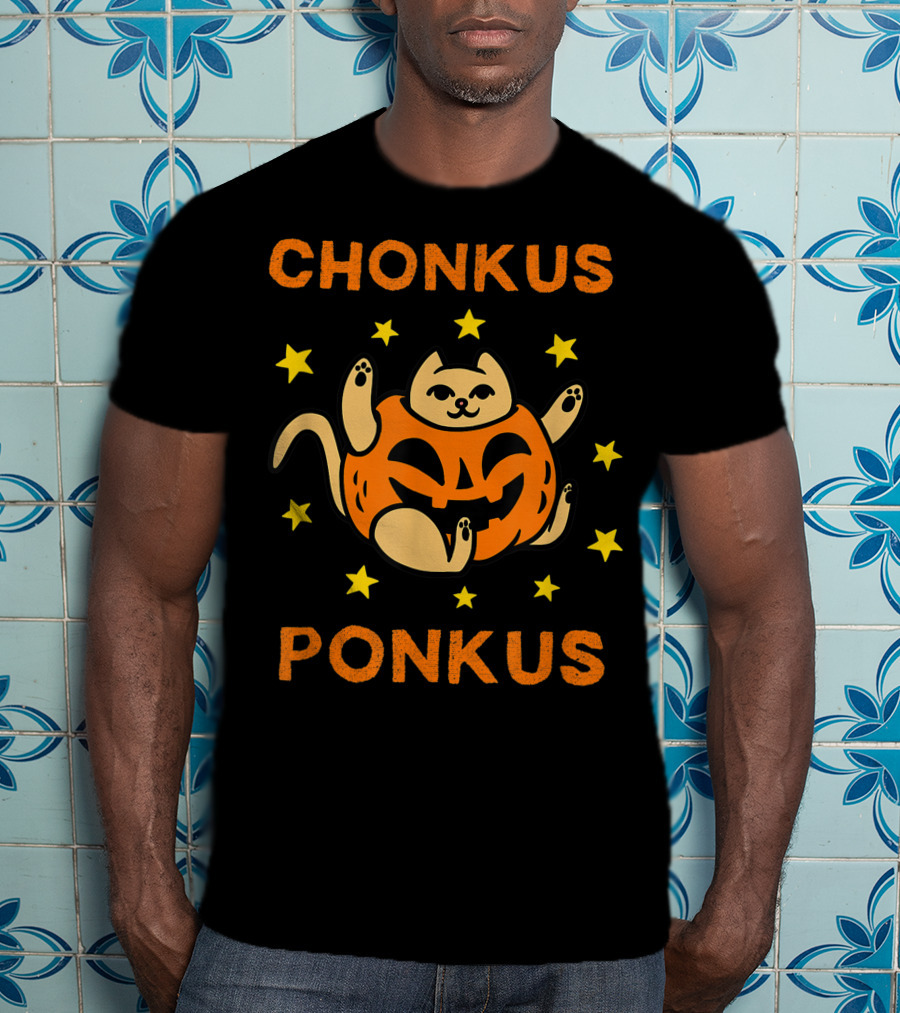 Chonkus Ponkus Funny Halloween Pumpkin Chubby Cat With Stars T-Shirt