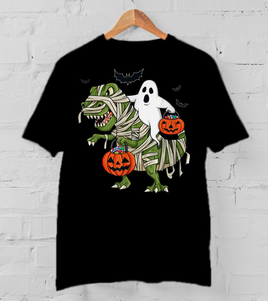 Halloween Ghost Riding Mummy Dinosaur With Pumpkins And Bats T-Shirt