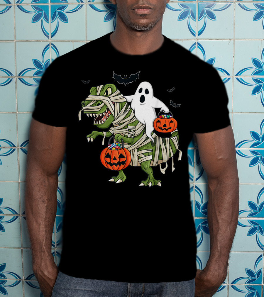 Halloween Ghost Riding Mummy Dinosaur With Pumpkins And Bats T-Shirt
