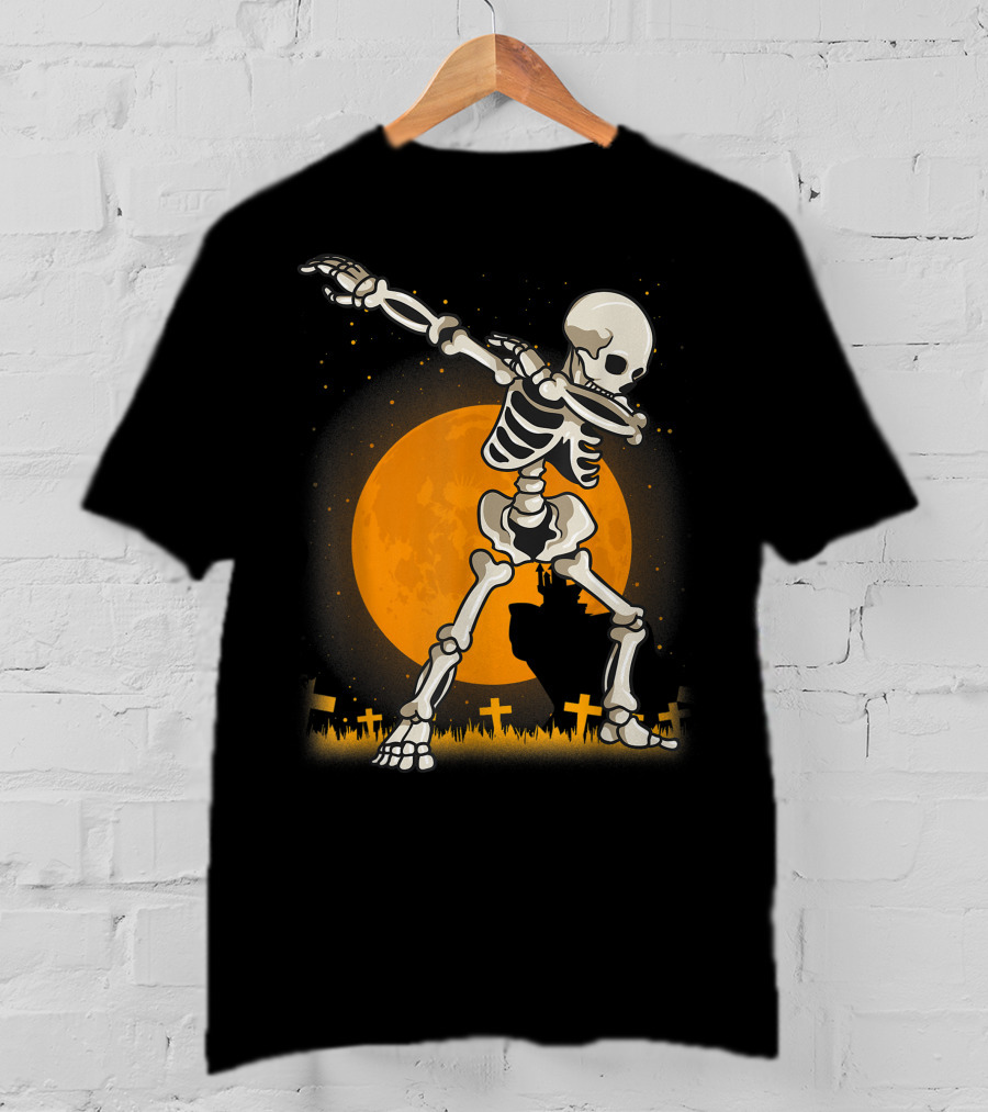 Dabbing Skeleton Dab Best Costume Halloween Moon Graveyard T-Shirt