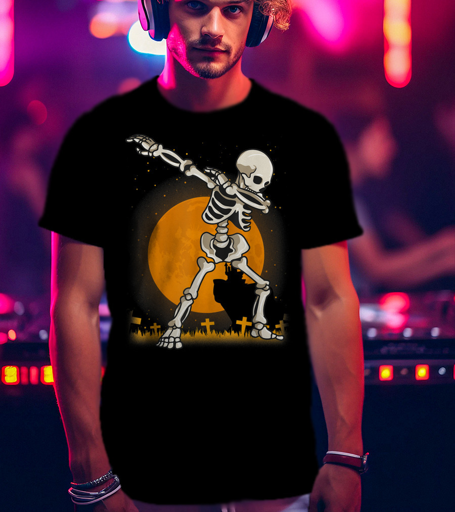 Dabbing Skeleton Dab Best Costume Halloween Moon Graveyard T-Shirt
