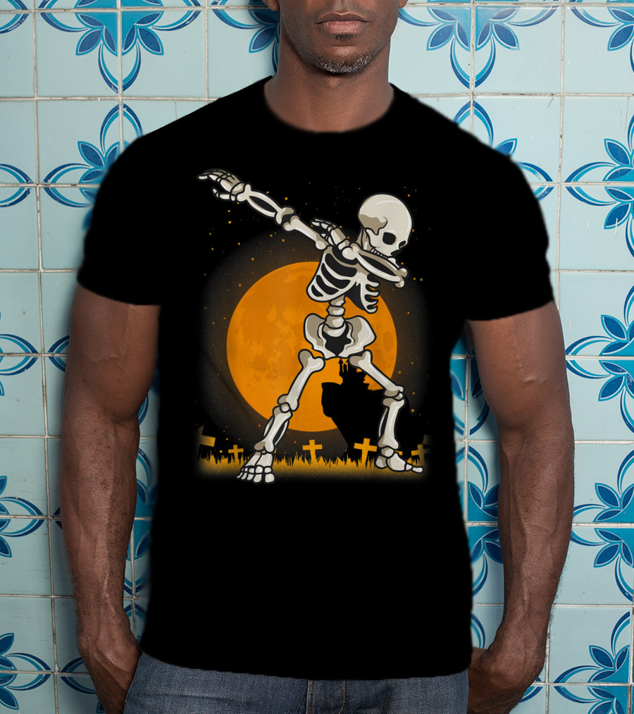 Dabbing Skeleton Dab Best Costume Halloween Moon Graveyard T-Shirt