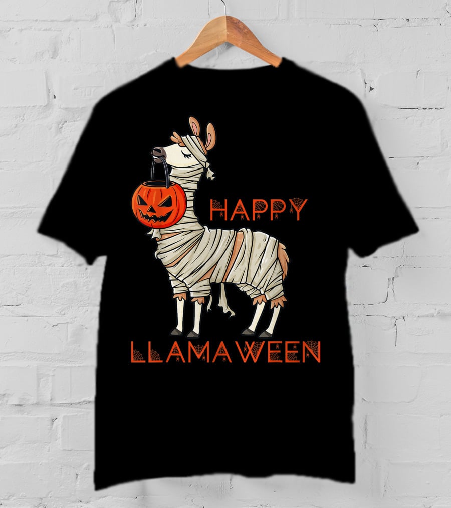 Halloween Llama Mummy Holding Pumpkin Happy Llamaween T-Shirt
