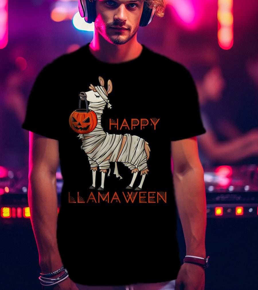 Halloween Llama Mummy Holding Pumpkin Happy Llamaween T-Shirt