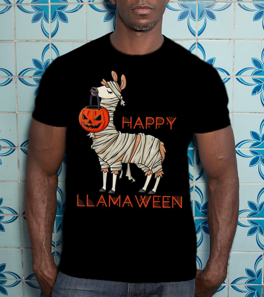 Halloween Llama Mummy Holding Pumpkin Happy Llamaween T-Shirt