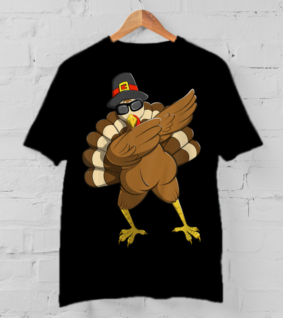 Happy Thanksgiving Day Family Funny Dab Turkey With Pilgrim Hat T-Shirt