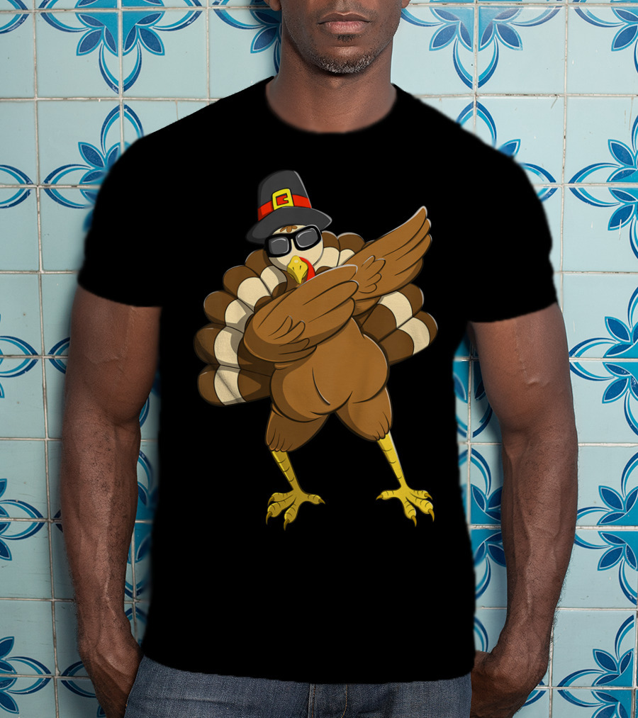 Happy Thanksgiving Day Family Funny Dab Turkey With Pilgrim Hat T-Shirt