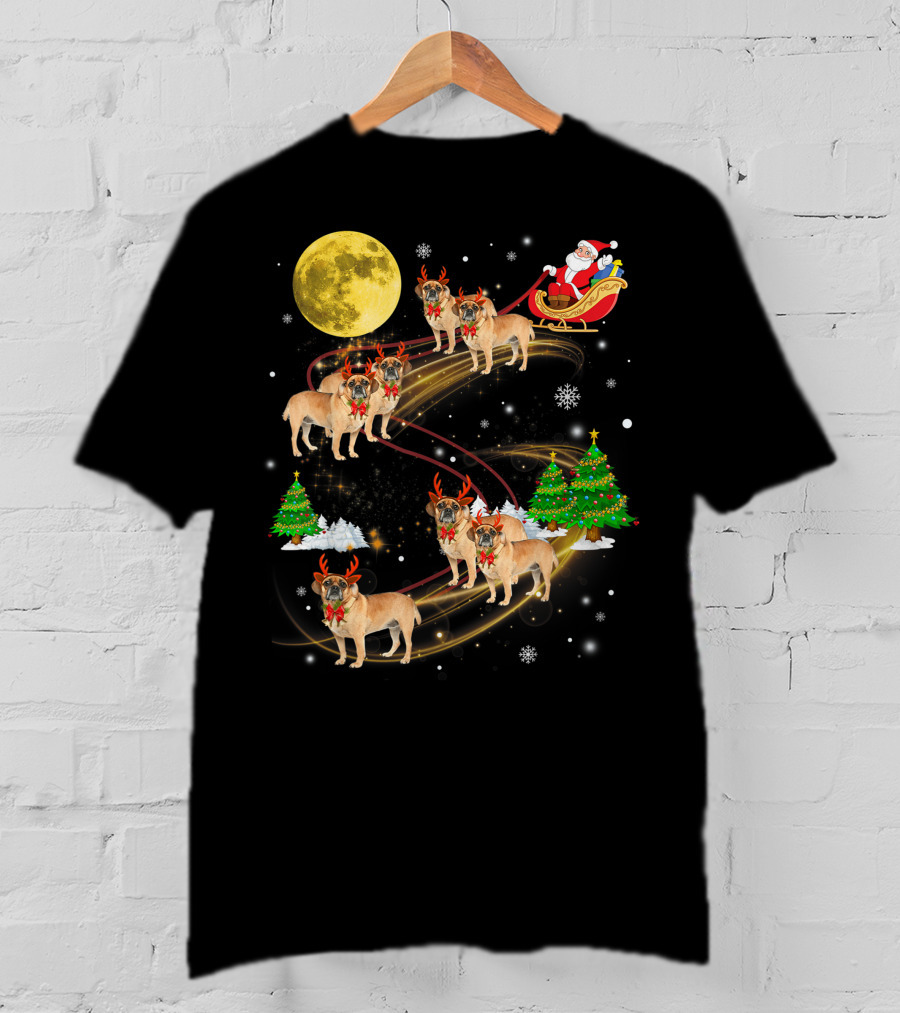 Puggle Reindeer Christmas Santa Sleigh Full Moon Holiday Scene T-Shirt