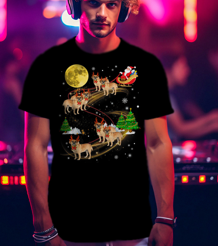 Puggle Reindeer Christmas Santa Sleigh Full Moon Holiday Scene T-Shirt
