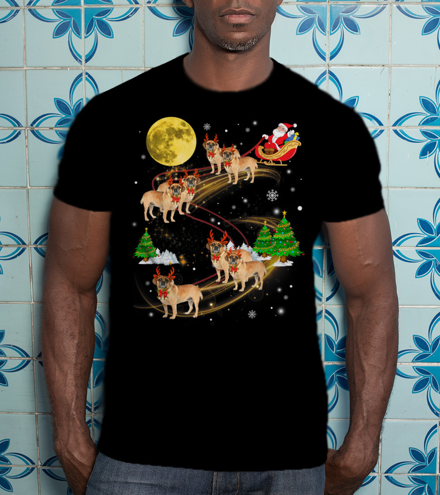Puggle Reindeer Christmas Santa Sleigh Full Moon Holiday Scene T-Shirt