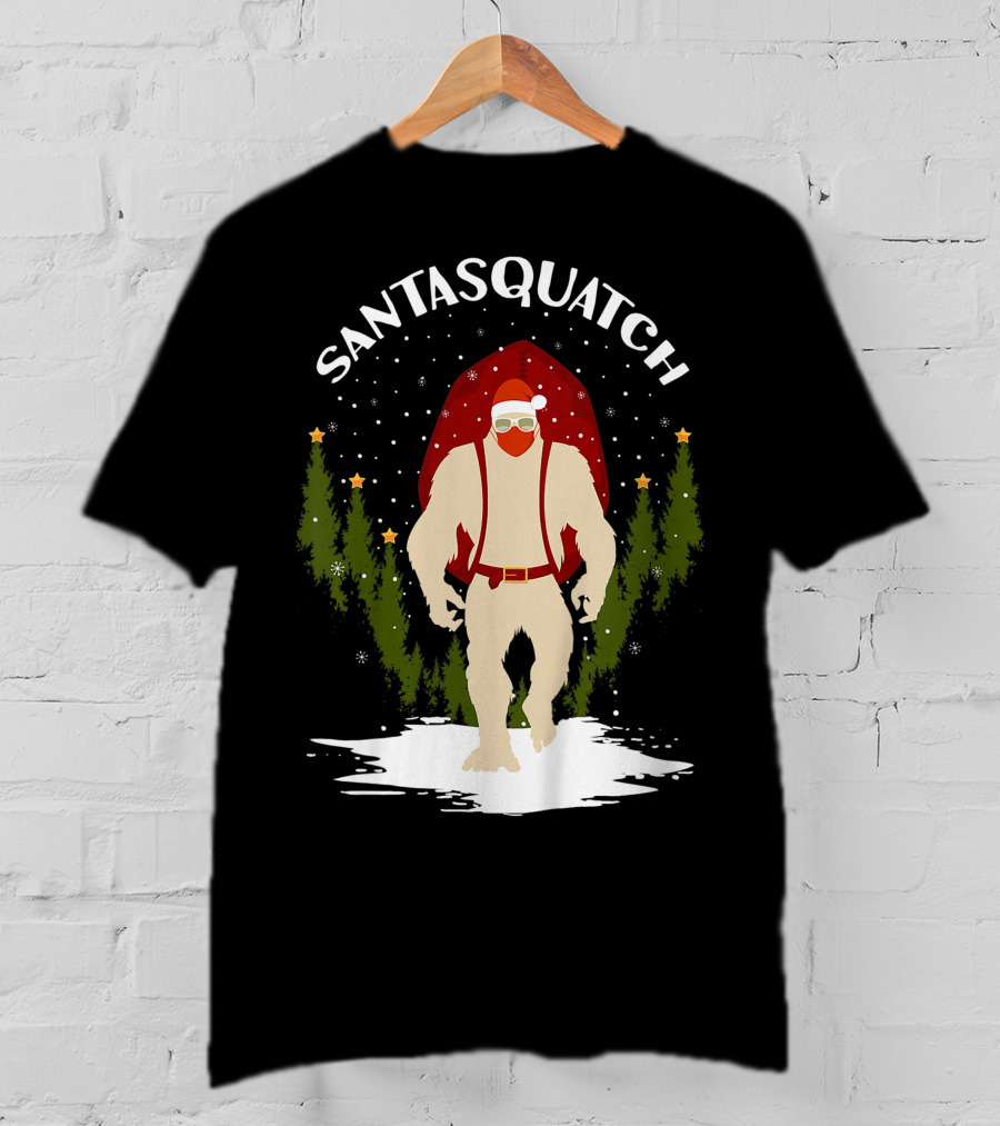 Santasquatch Bigfoot Christmas Santa Hat With Trees And Snowflakes T-Shirt