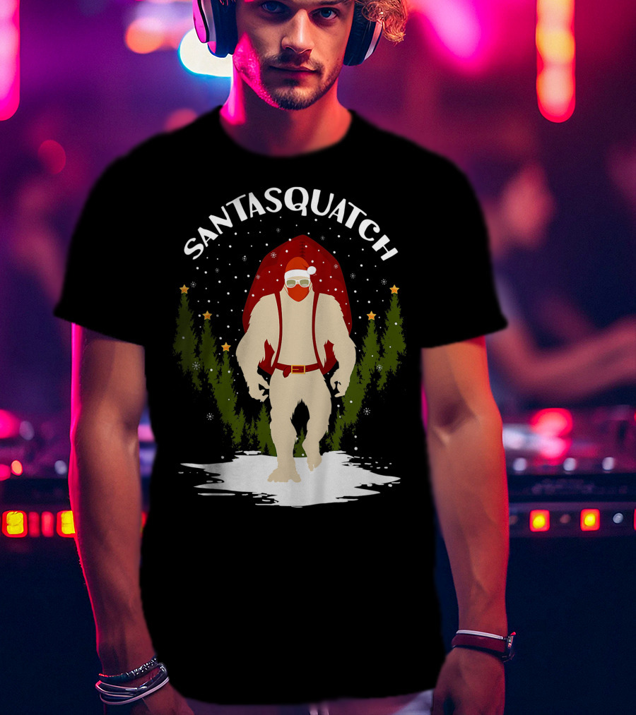 Santasquatch Bigfoot Christmas Santa Hat With Trees And Snowflakes T-Shirt