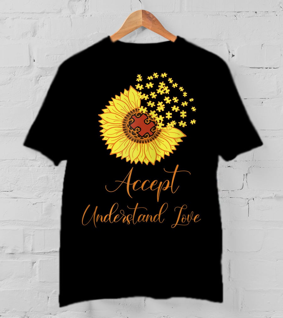 Sunflower Autism Awareness Month Accept Understand Love Puzzle Piece T-Shirt