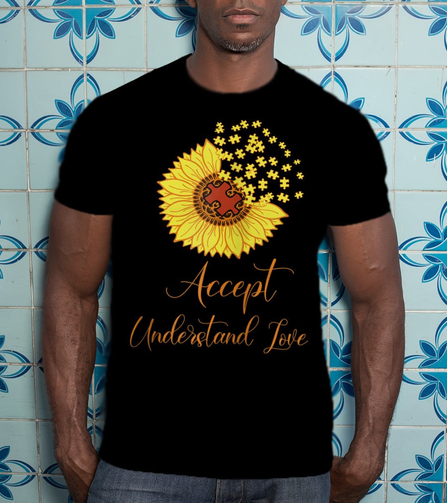 Sunflower Autism Awareness Month Accept Understand Love Puzzle Piece T-Shirt