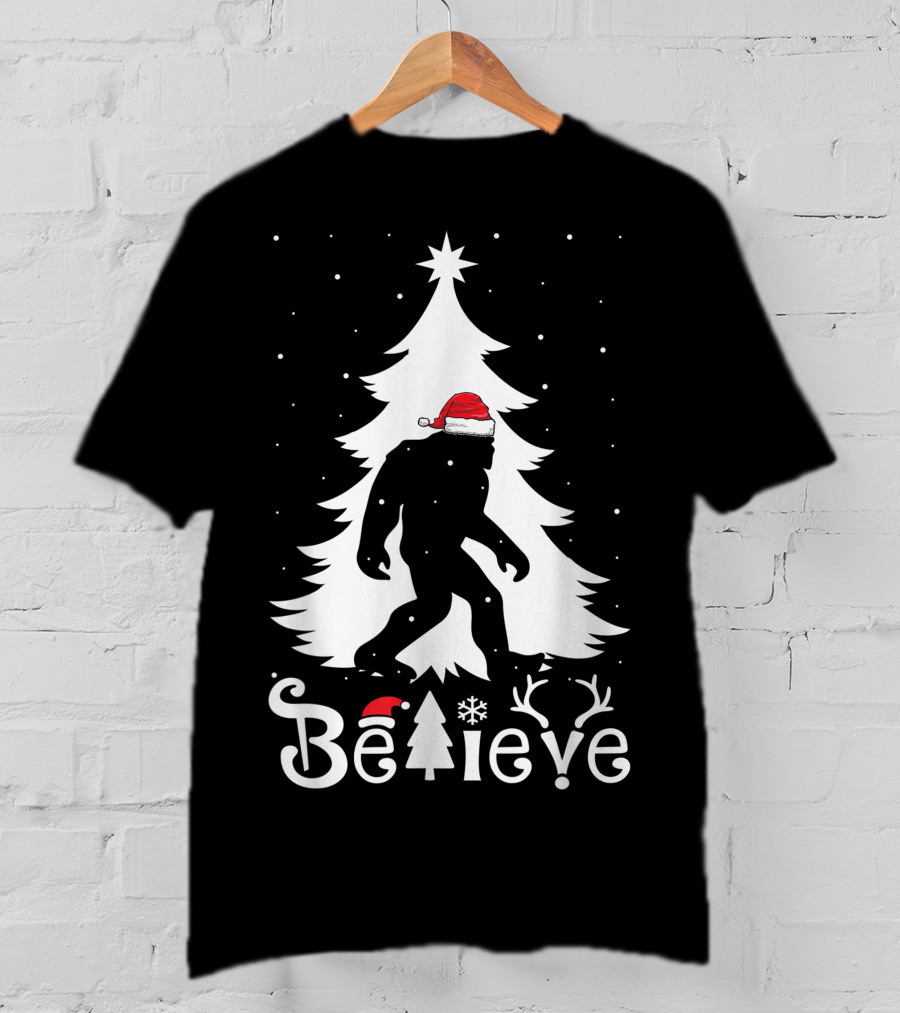 Believe Bigfoot Christmas Santa Hat Snowflakes T-Shirt