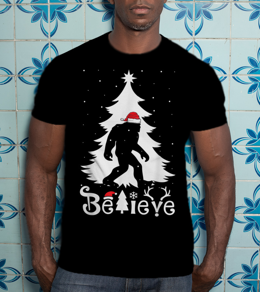 Believe Bigfoot Christmas Santa Hat Snowflakes T-Shirt