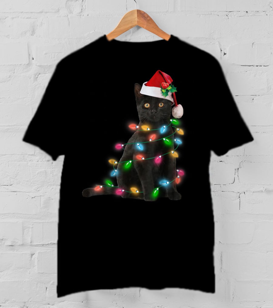 Black Cat In Christmas Lights With Santa Hat For Funny Cat Lover T-Shirt
