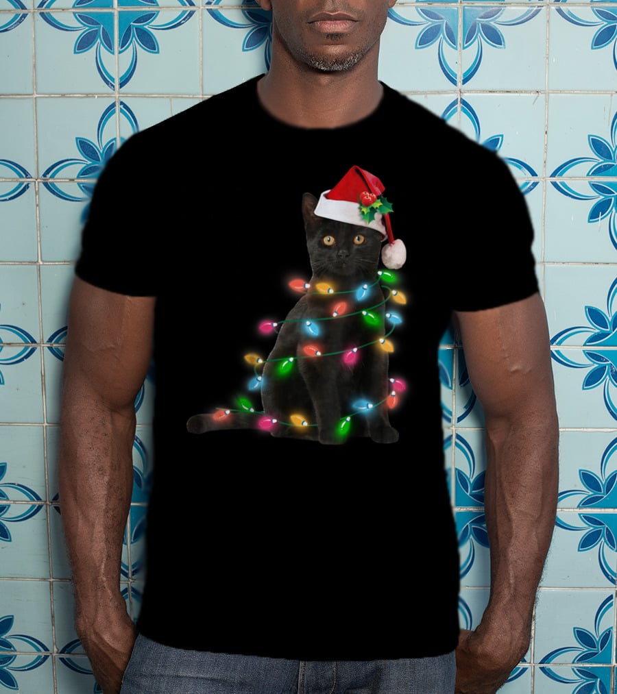 Black Cat In Christmas Lights With Santa Hat For Funny Cat Lover T-Shirt