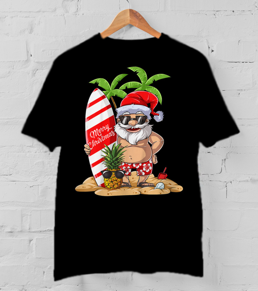 Merry Christmas Santa Hawaiian Surfing Summer Fun Pineapple Beach T-Shirt
