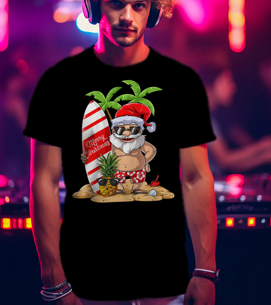 Merry Christmas Santa Hawaiian Surfing Summer Fun Pineapple Beach T-Shirt