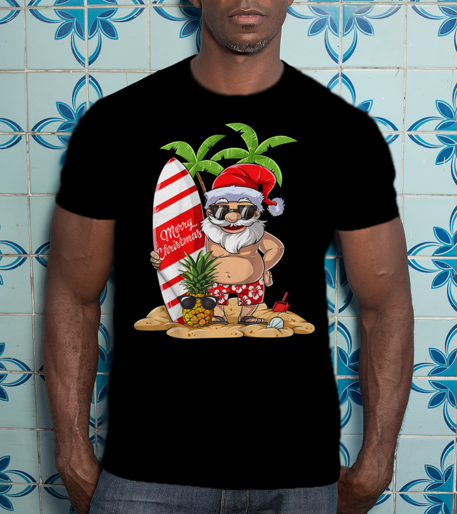 Merry Christmas Santa Hawaiian Surfing Summer Fun Pineapple Beach T-Shirt