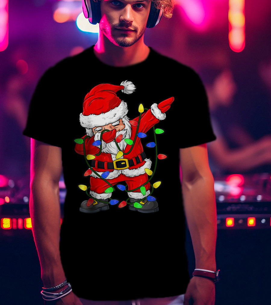 Dabbing Santa Claus Wrapped In Christmas Tree Lights T-Shirt