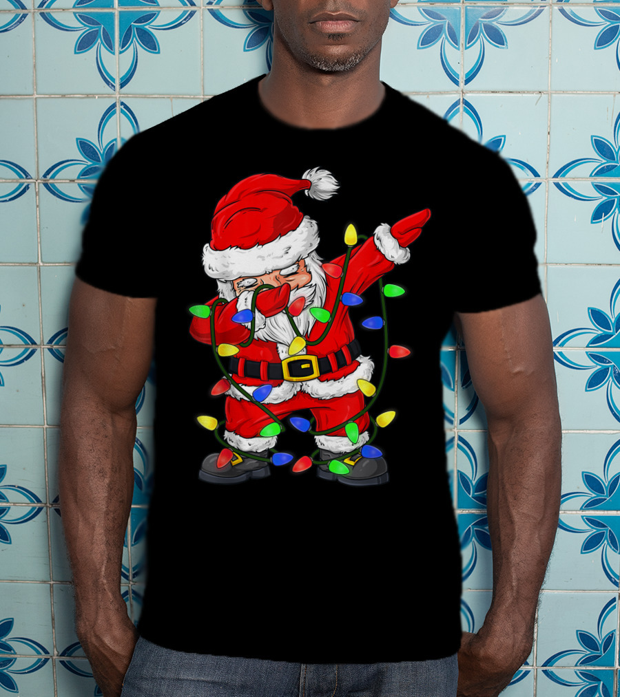 Dabbing Santa Claus Wrapped In Christmas Tree Lights T-Shirt
