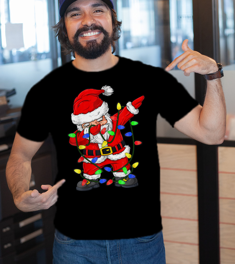 Dabbing Santa Claus Wrapped In Christmas Tree Lights T-Shirt