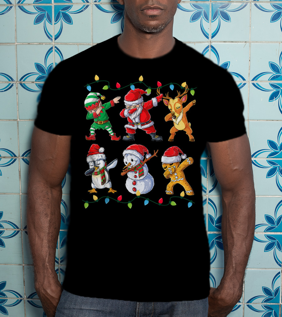 Dabbing Santa Claus Elf Reindeer Penguin Snowman Gingerbread Friends Christmas Lights T-Shirt
