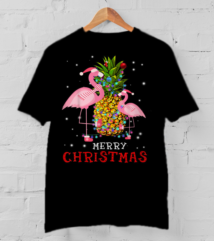 Merry Christmas Flamingo Pineapple With Xmas Lights T-Shirt