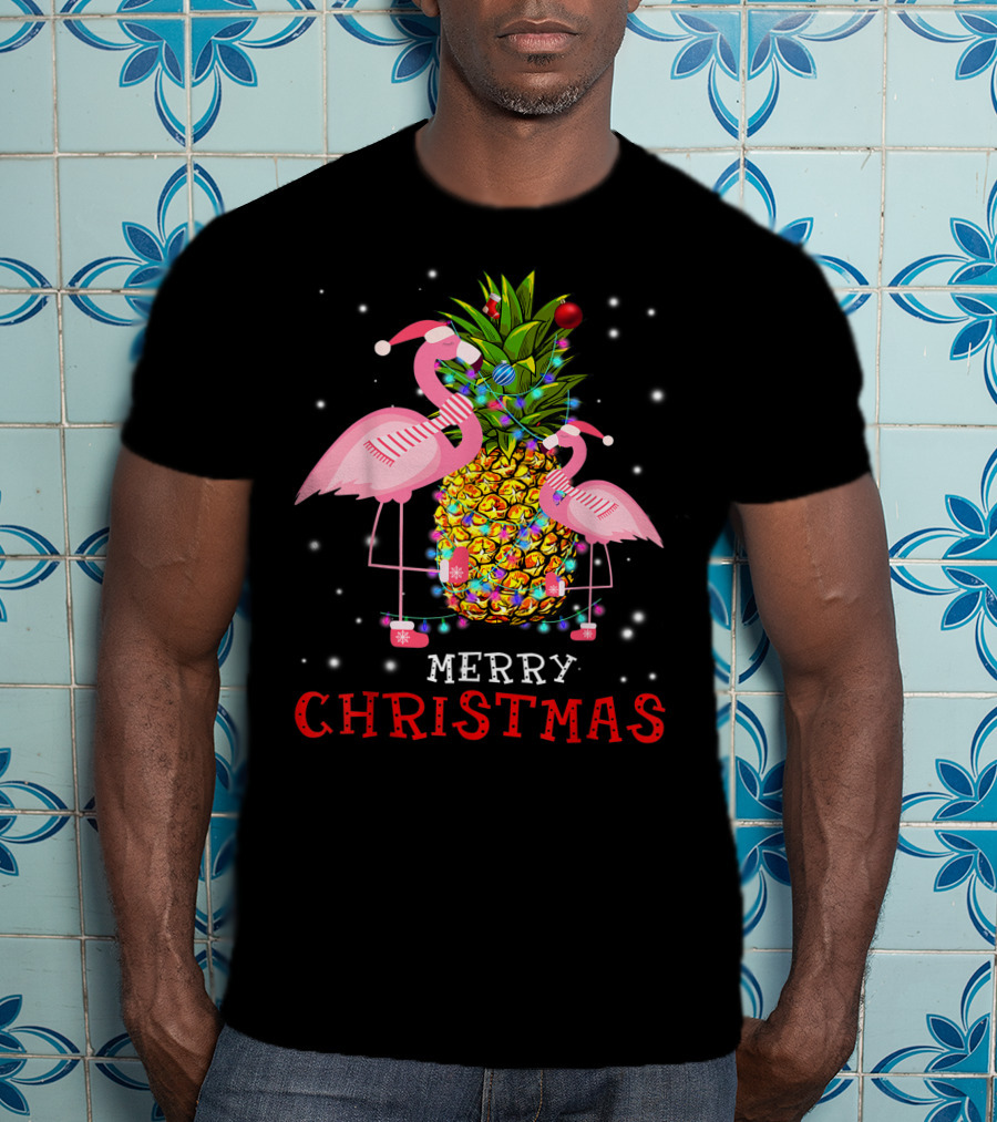 Merry Christmas Flamingo Pineapple With Xmas Lights T-Shirt