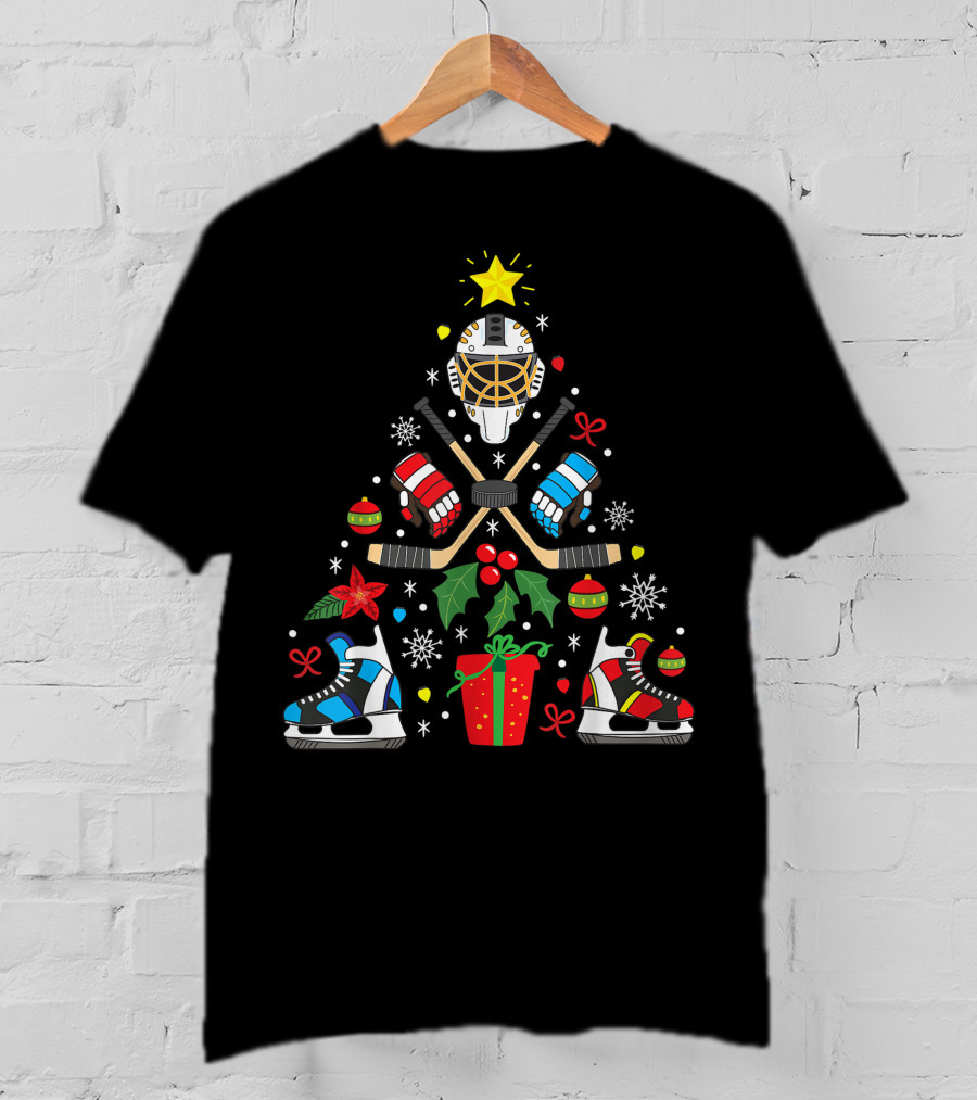 Ice Hockey Christmas Ornament Tree With Skates And Goalie Mask T-Shirt