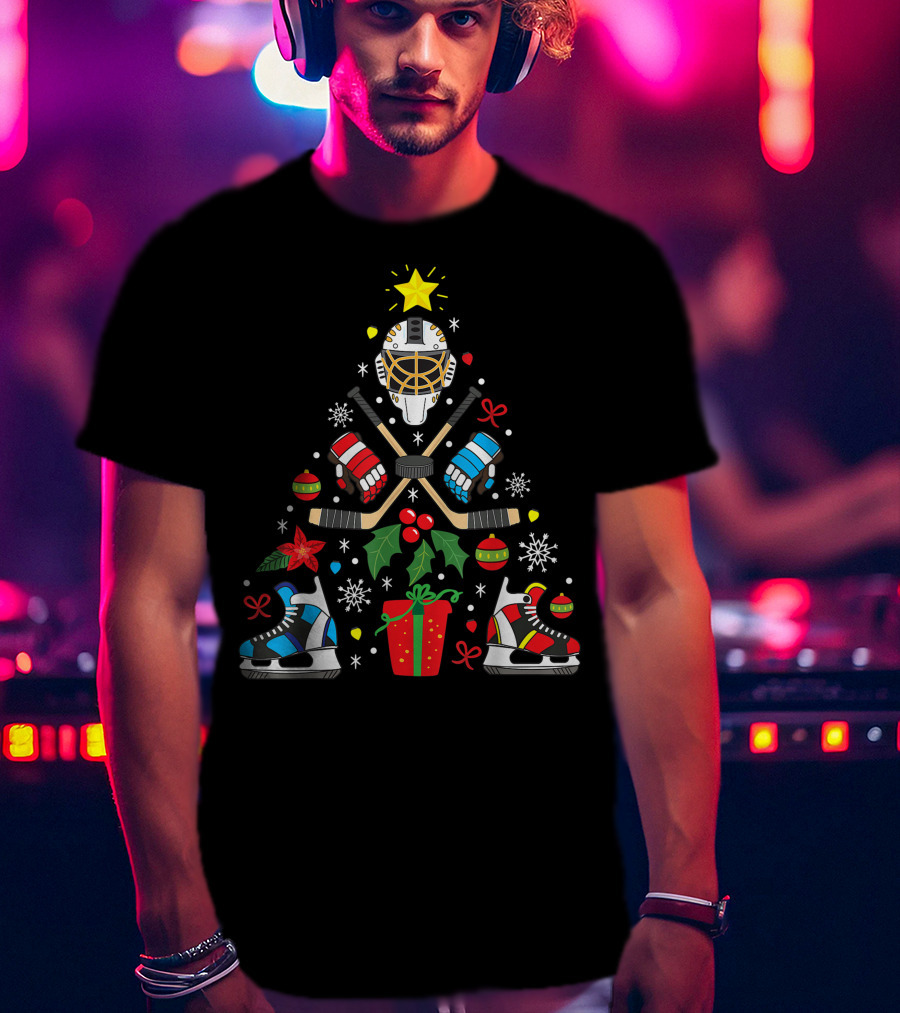 Ice Hockey Christmas Ornament Tree With Skates And Goalie Mask T-Shirt