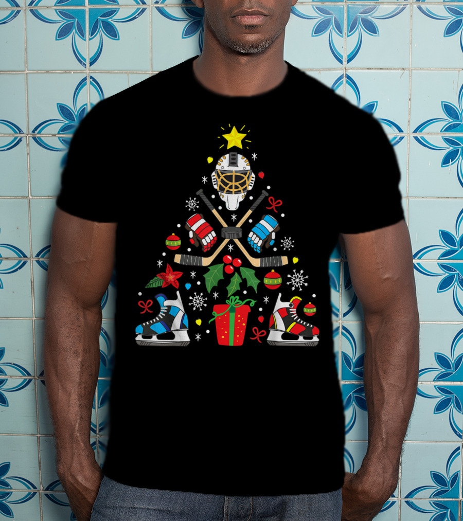 Ice Hockey Christmas Ornament Tree With Skates And Goalie Mask T-Shirt