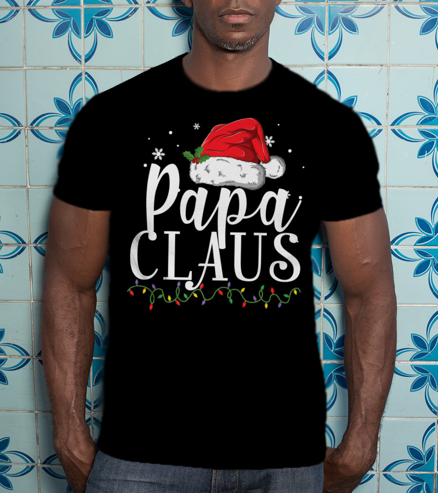 Papa Claus Christmas Hat Snowflakes Lights T-Shirt