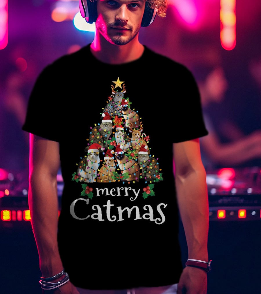 Merry Catmas Xmas Kids Funny Cat Christmas Tree With Cats In Santa Hats And Lights T-Shirt