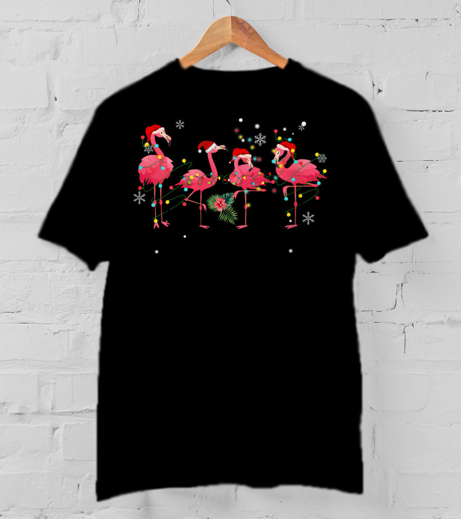 Pink Flamingo Christmas Lights And Snowflakes Fiesta T-Shirt