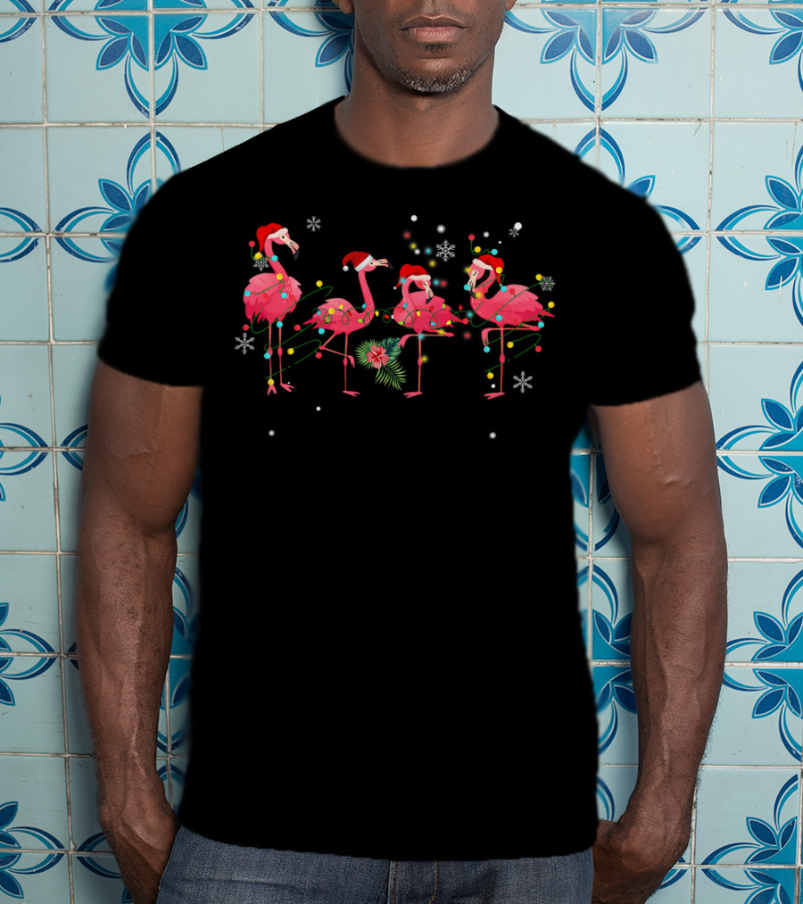 Pink Flamingo Christmas Lights And Snowflakes Fiesta T-Shirt