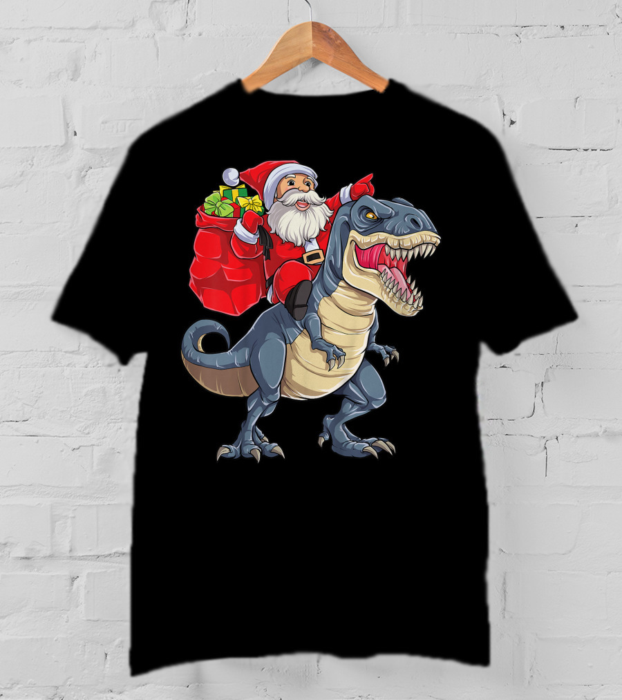 Santa Claus Riding T-Rex With Gifts T-Shirt