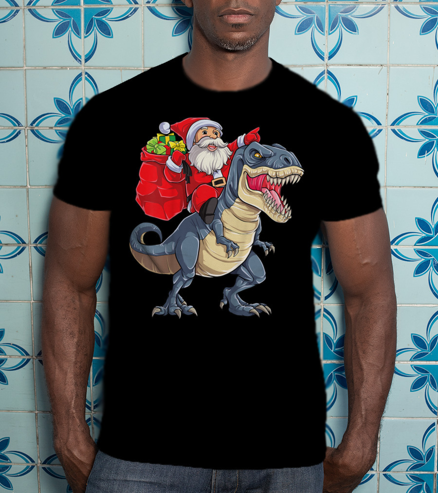 Santa Claus Riding T-Rex With Gifts T-Shirt