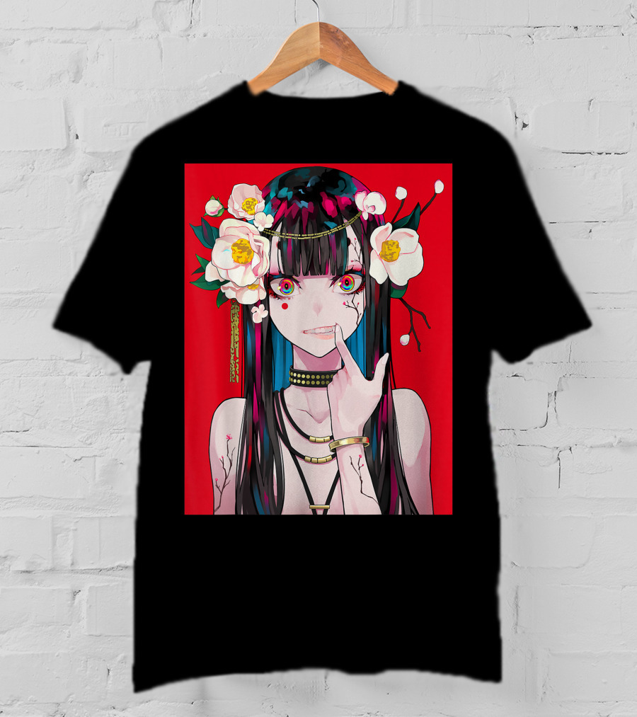 Anime Girl Japanese Aesthetic Otaku Red Background Flowers T-Shirt