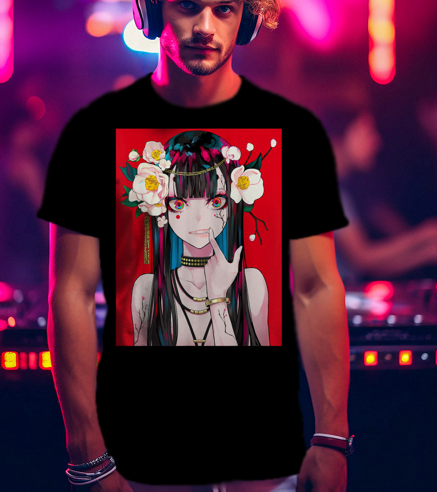 Anime Girl Japanese Aesthetic Otaku Red Background Flowers T-Shirt