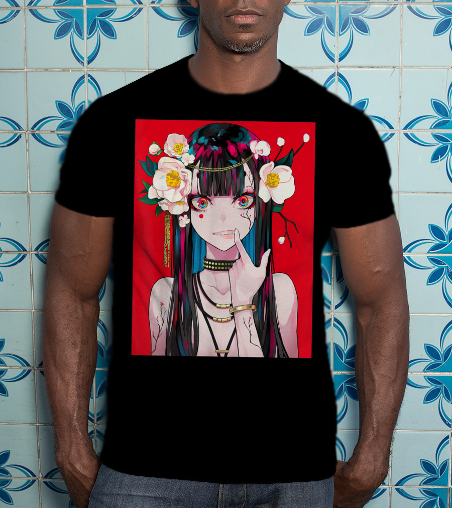 Anime Girl Japanese Aesthetic Otaku Red Background Flowers T-Shirt