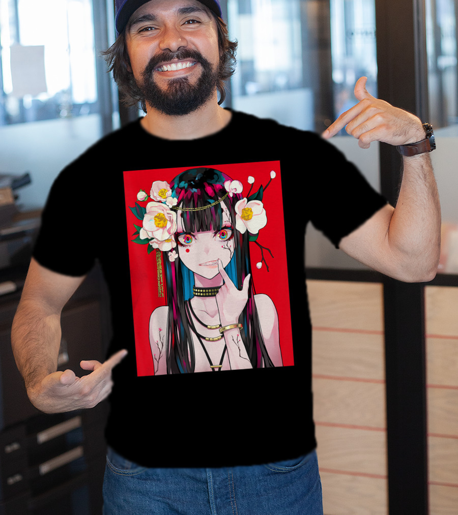Anime Girl Japanese Aesthetic Otaku Red Background Flowers T-Shirt