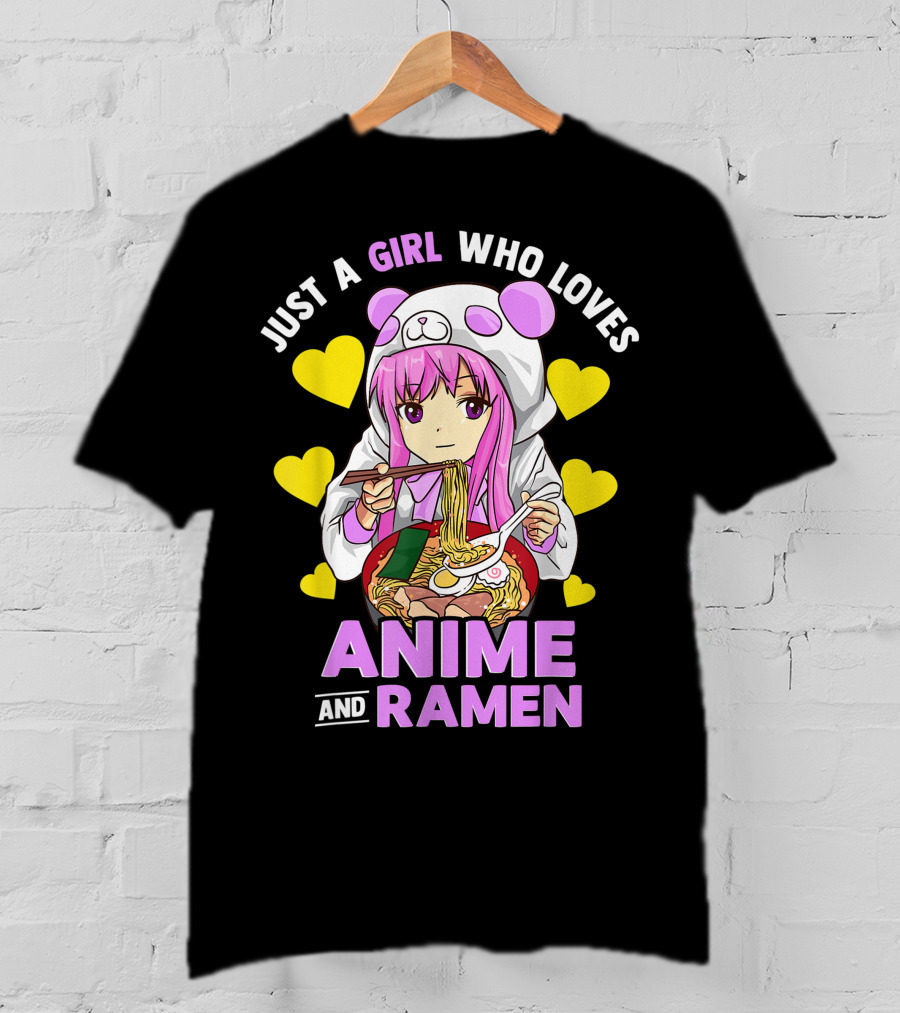 Just A Girl Who Loves Anime And Ramen Panda Hoodie Pink Hair T-Shirt