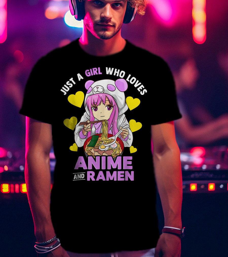 Just A Girl Who Loves Anime And Ramen Panda Hoodie Pink Hair T-Shirt